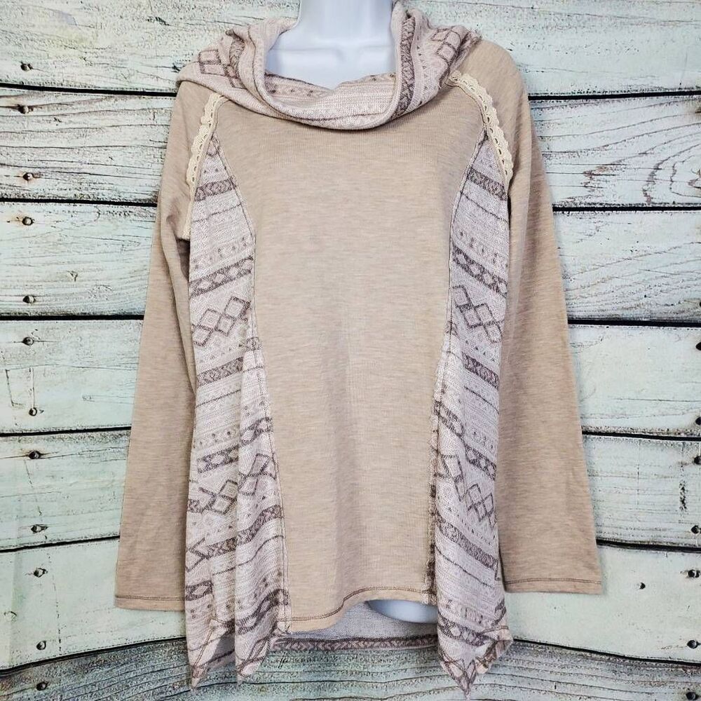 Jolt M Beige Aztec Print Hooded Pullover Long Sleeve Knit Top Boho Lace Detail